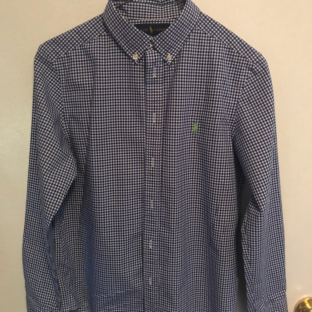 Blue Polo long-sleeve shirt, green polo horse